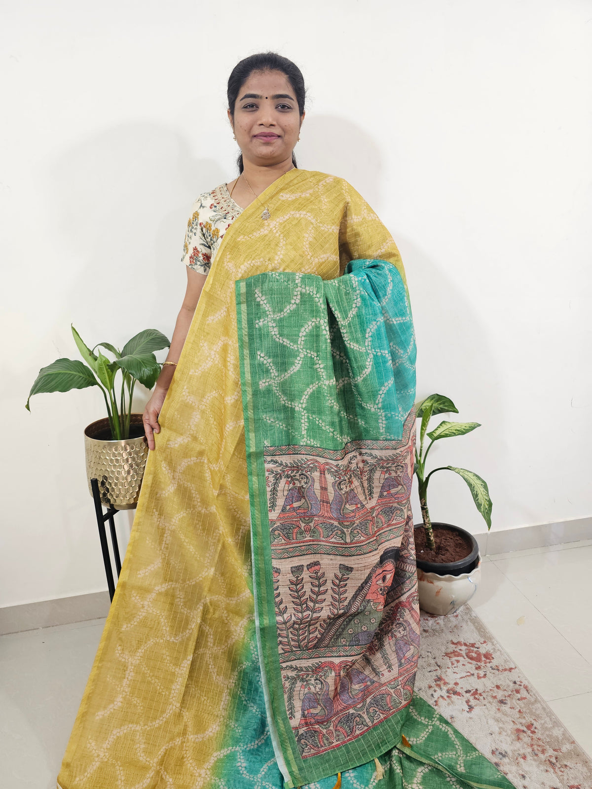 Chanderi Saree with Zari Border - Yellow with Green