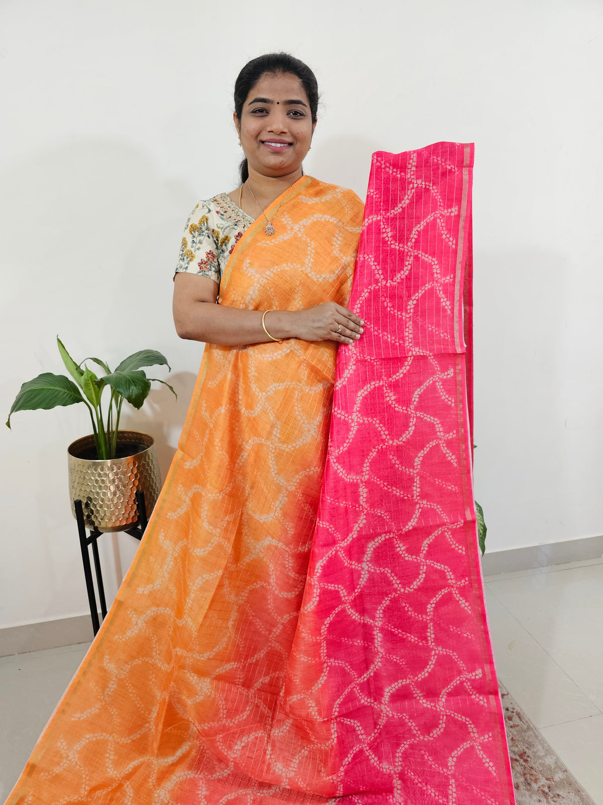 Chanderi Saree with Zari Border - Orange with Pink