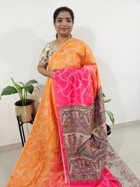 Chanderi Saree with Zari Border - Orange with Pink