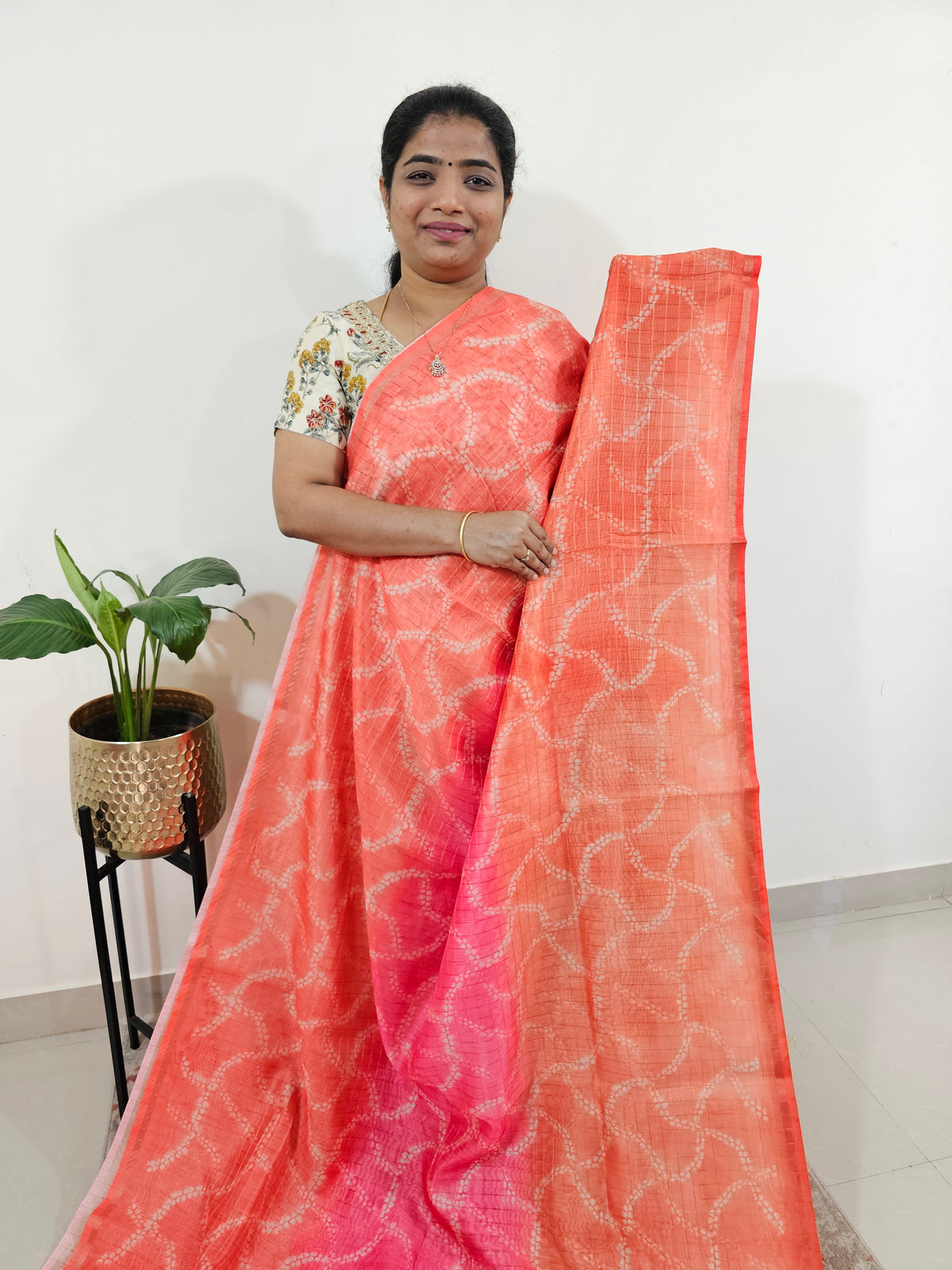 Chanderi Saree with Zari Border -Orange with Pink