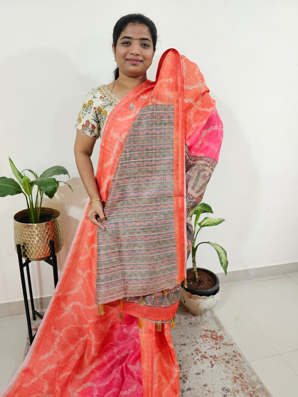 Chanderi Saree with Zari Border -Orange with Pink