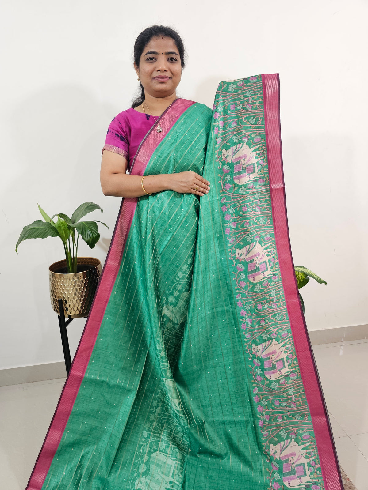 Soft Semi Tussar Weaving with Pichwai Border -Green with Pink