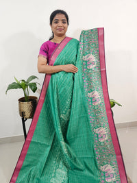 Soft Semi Tussar Weaving with Pichwai Border -Green with Pink
