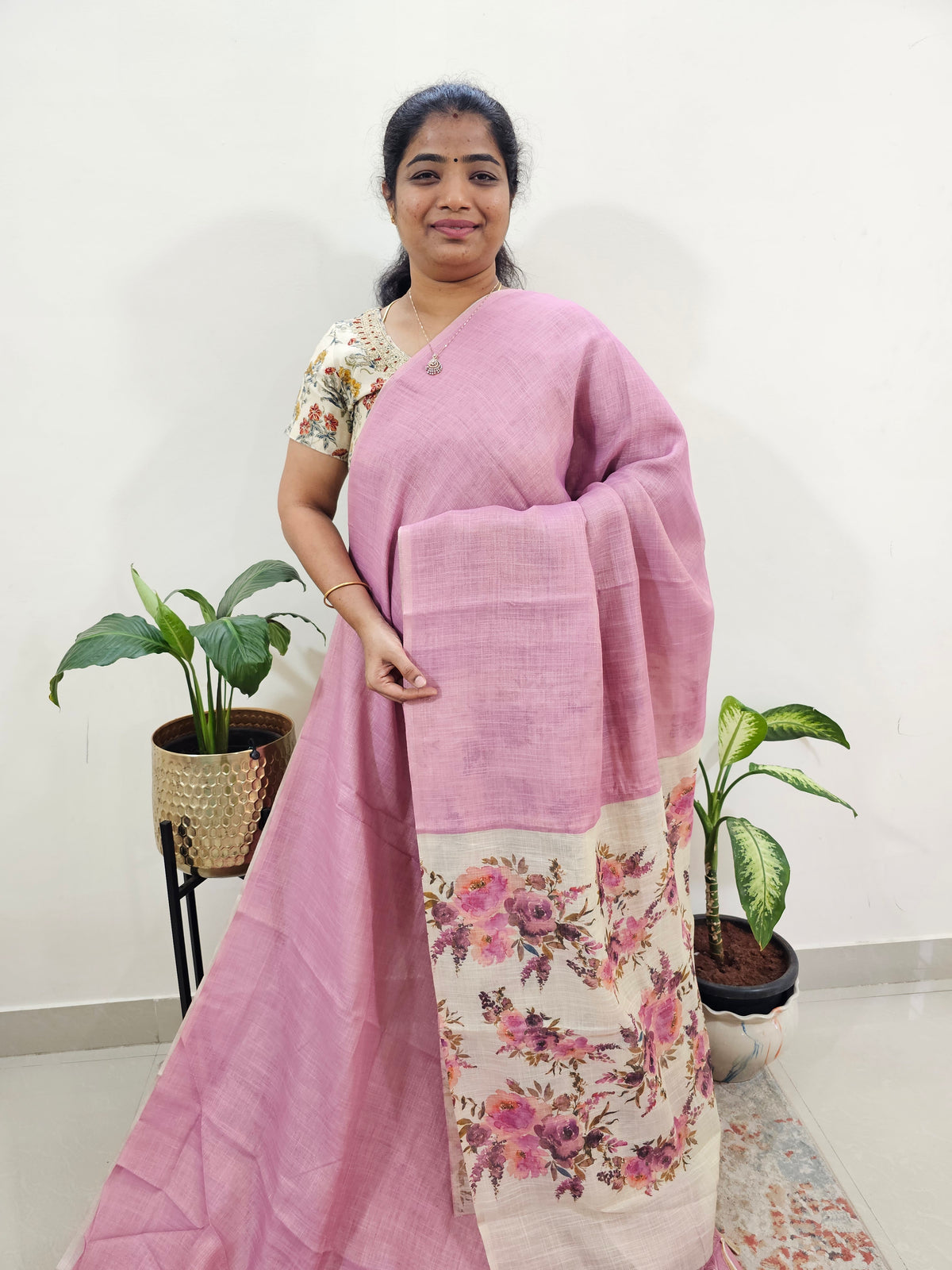 Linen Tissue with Digital Printed Sarees - Pink