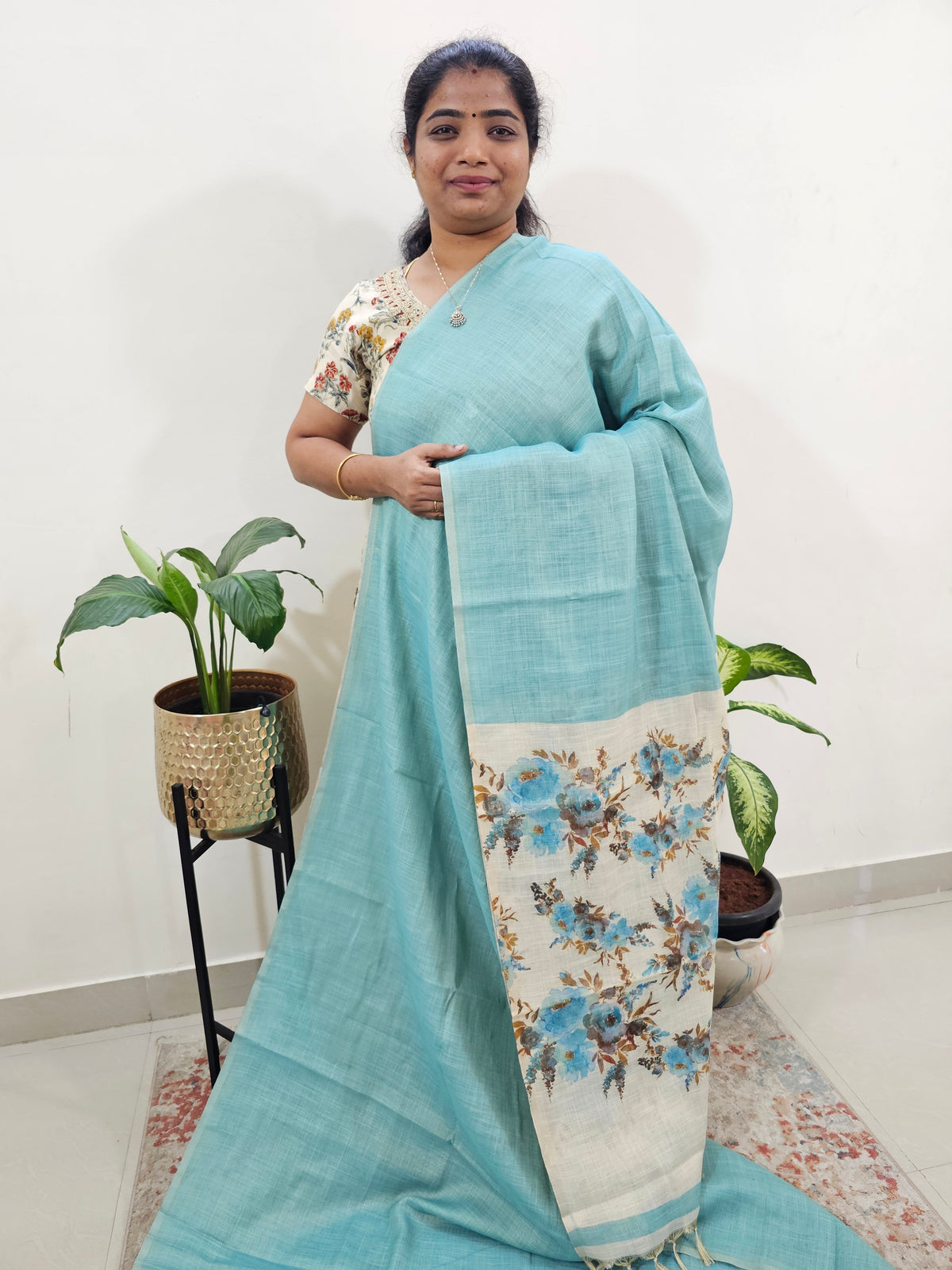 Linen Tissue with Digital Printed Sarees - Blue