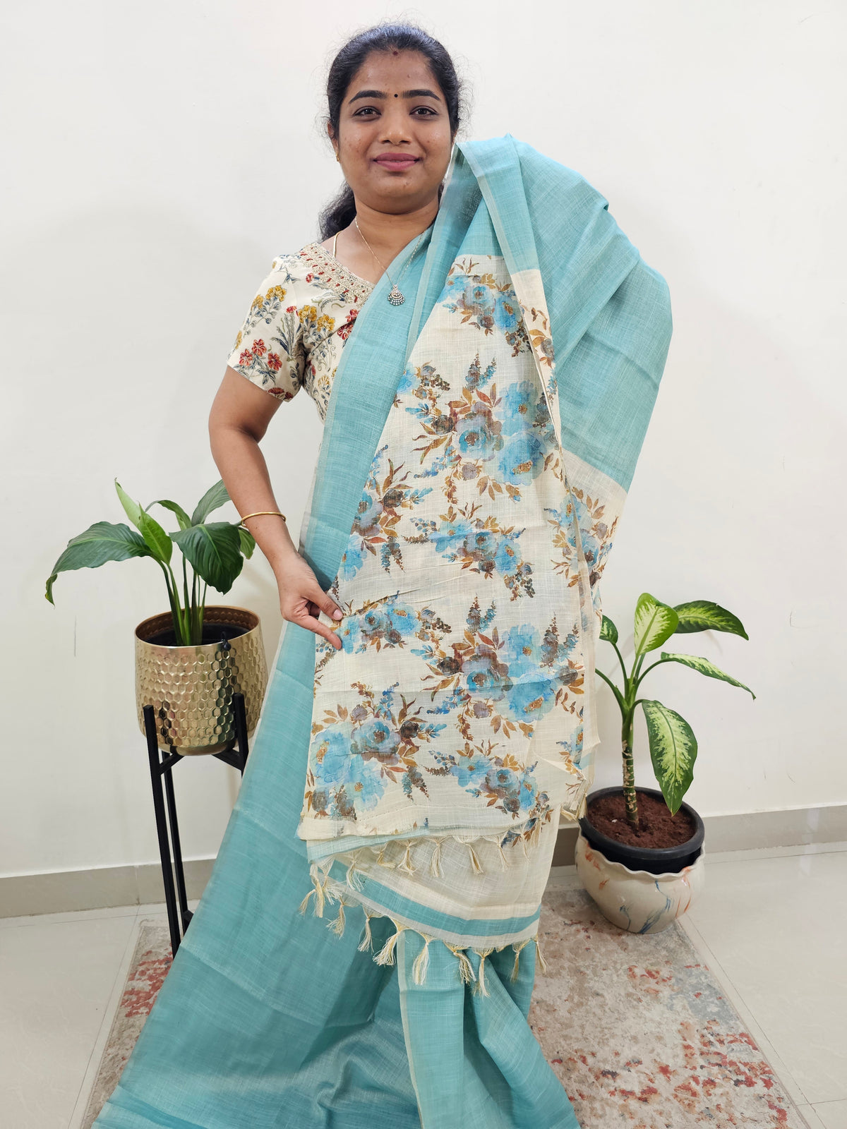 Linen Tissue with Digital Printed Sarees - Blue