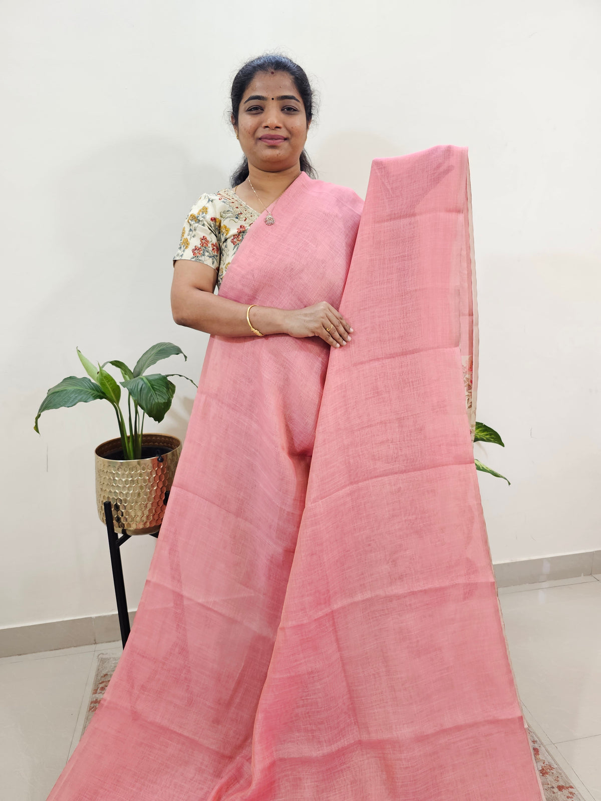Linen Tissue with Digital Printed Sarees - Peach