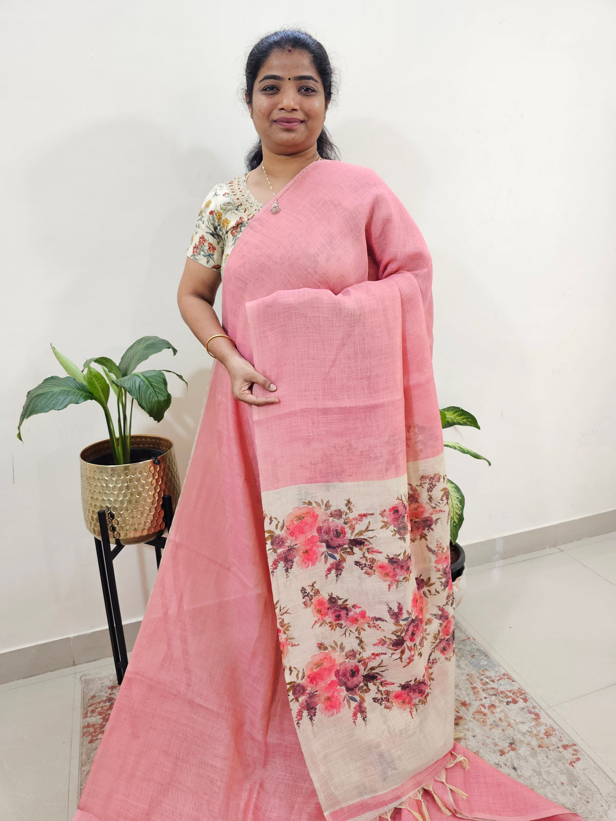 Linen Tissue with Digital Printed Sarees - Peach