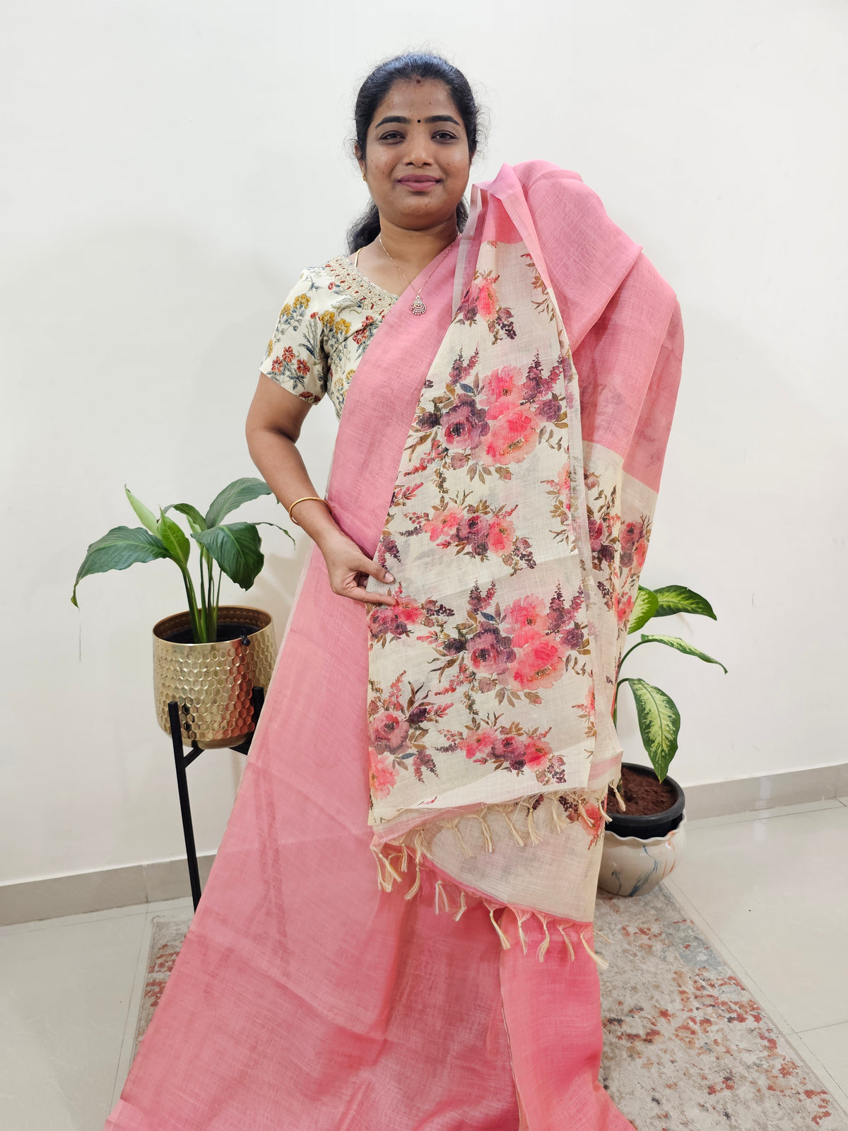 Linen Tissue with Digital Printed Sarees - Peach