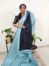 Semi Raw Silk Saree - Pastel Blue with Black