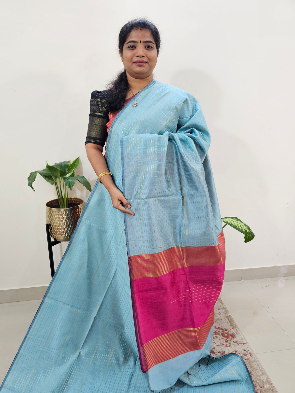 Semi Raw Silk Saree - Pastel Blue with Pink