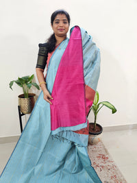 Semi Raw Silk Saree - Pastel Blue with Pink