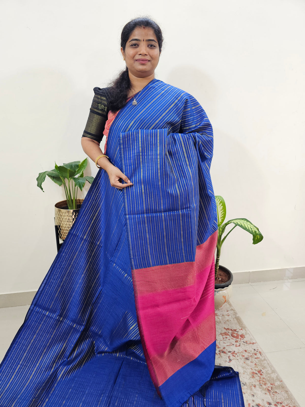 Semi Raw Silk Saree - Royal Blue with Pink