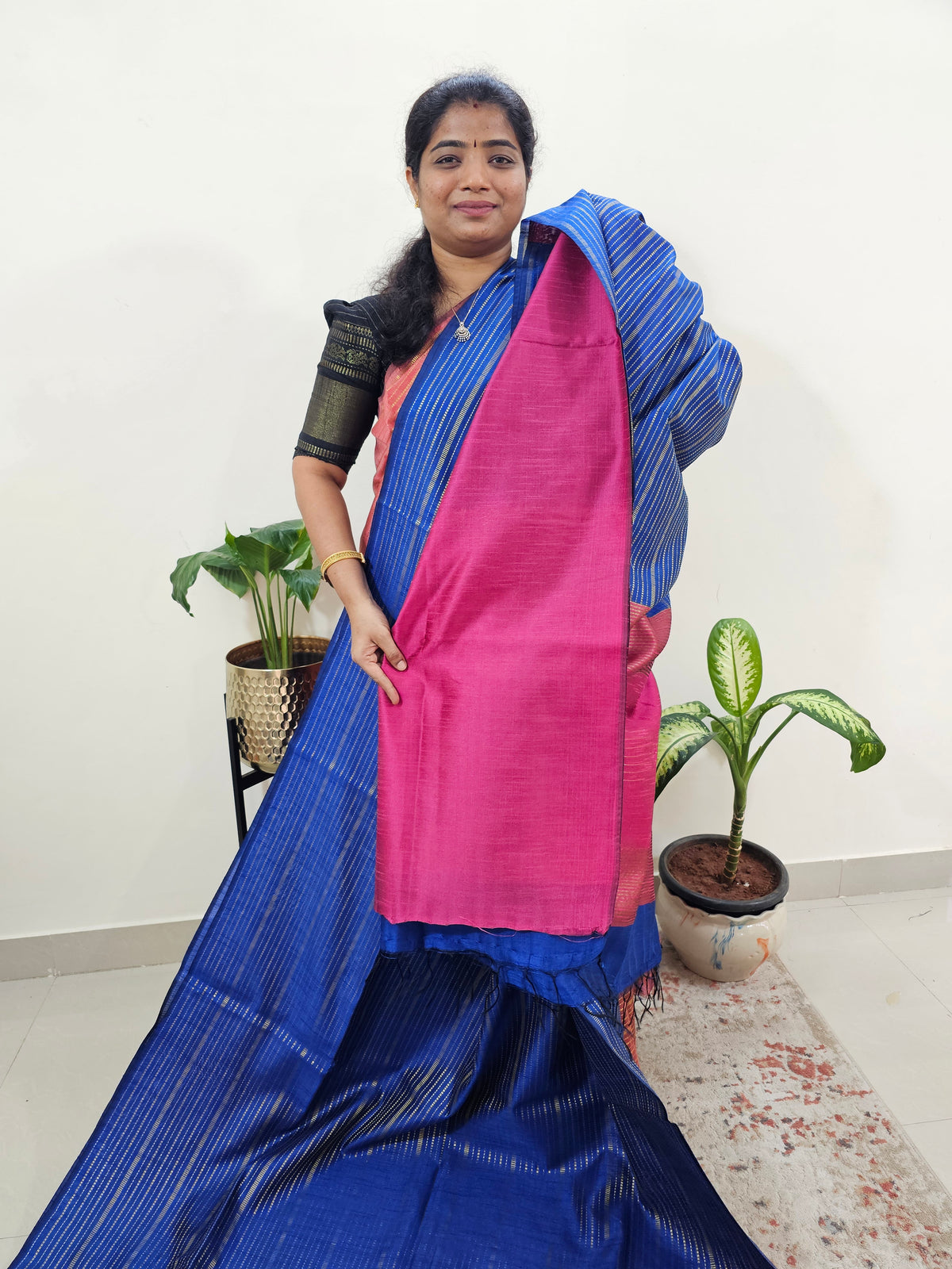 Semi Raw Silk Saree - Royal Blue with Pink
