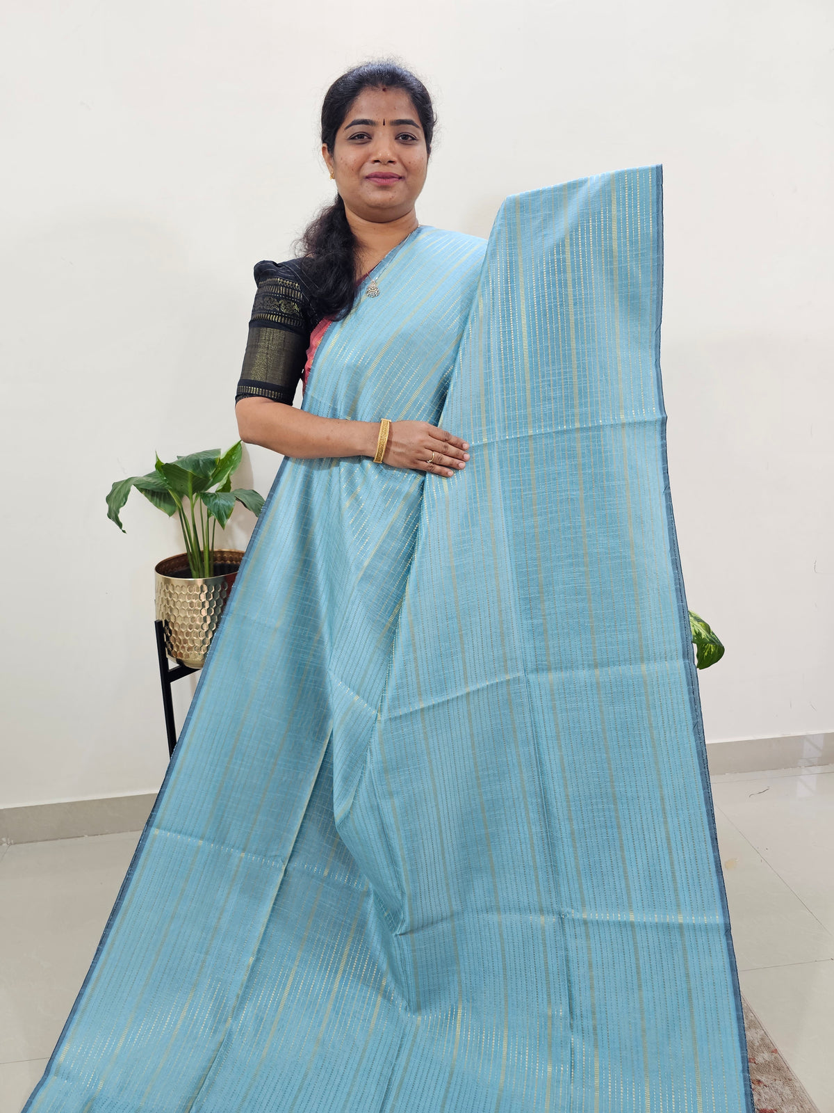 Semi Raw Silk Saree - Pastel Blue with Navy Blue