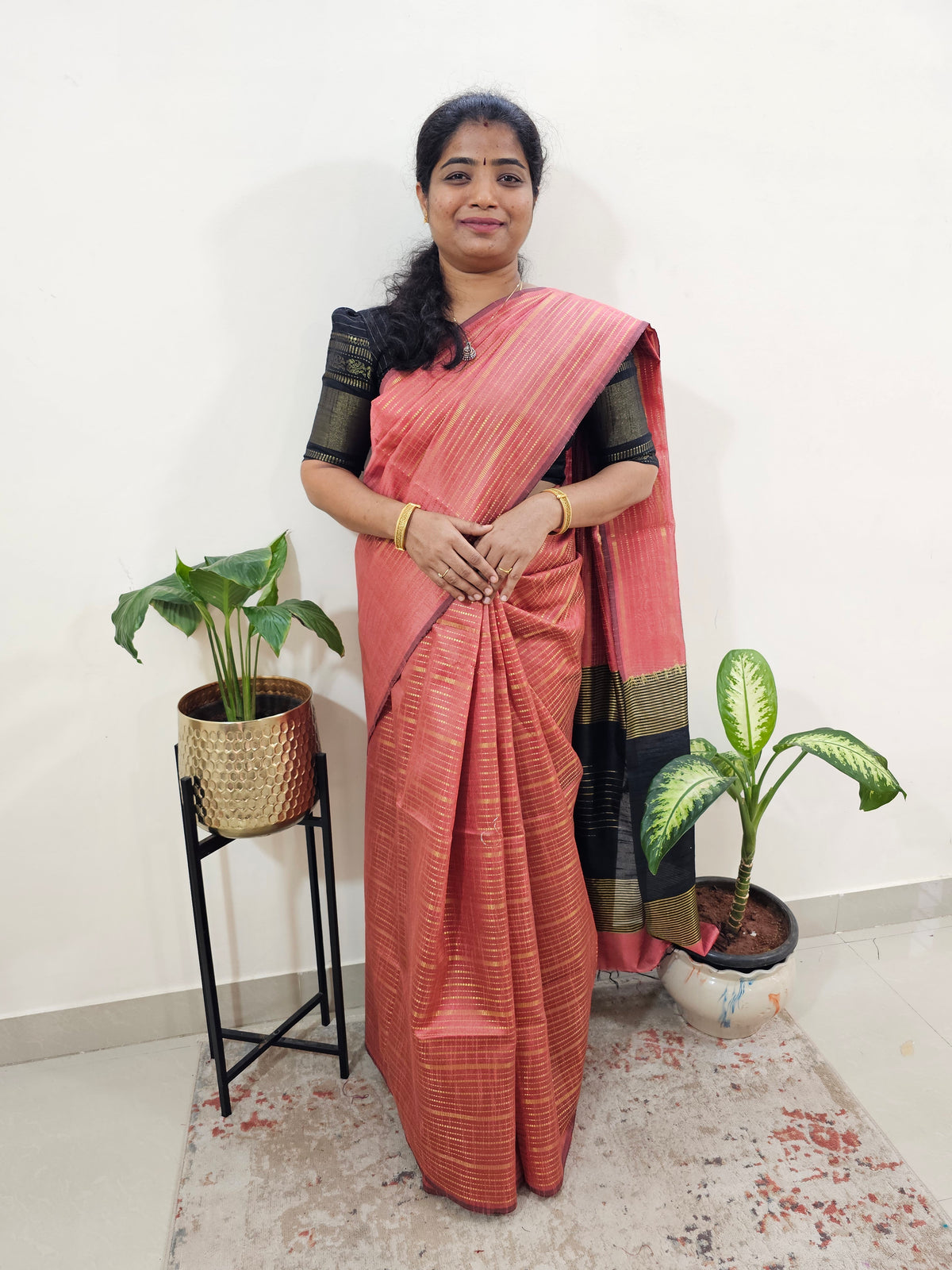 Semi Raw Silk Saree - Peach with Black