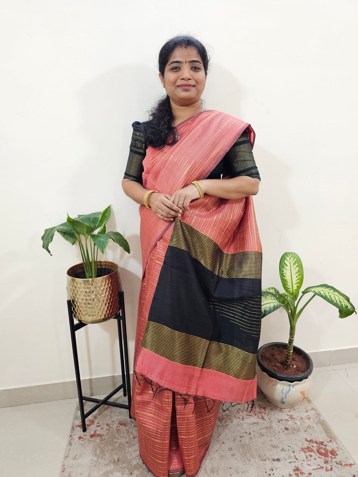 Semi Raw Silk Saree - Peach with Black