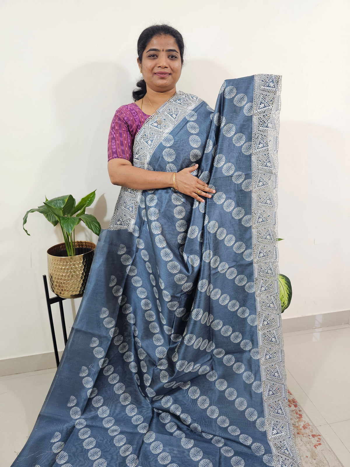 Semi Tussar with Cut Work Saree - Grey