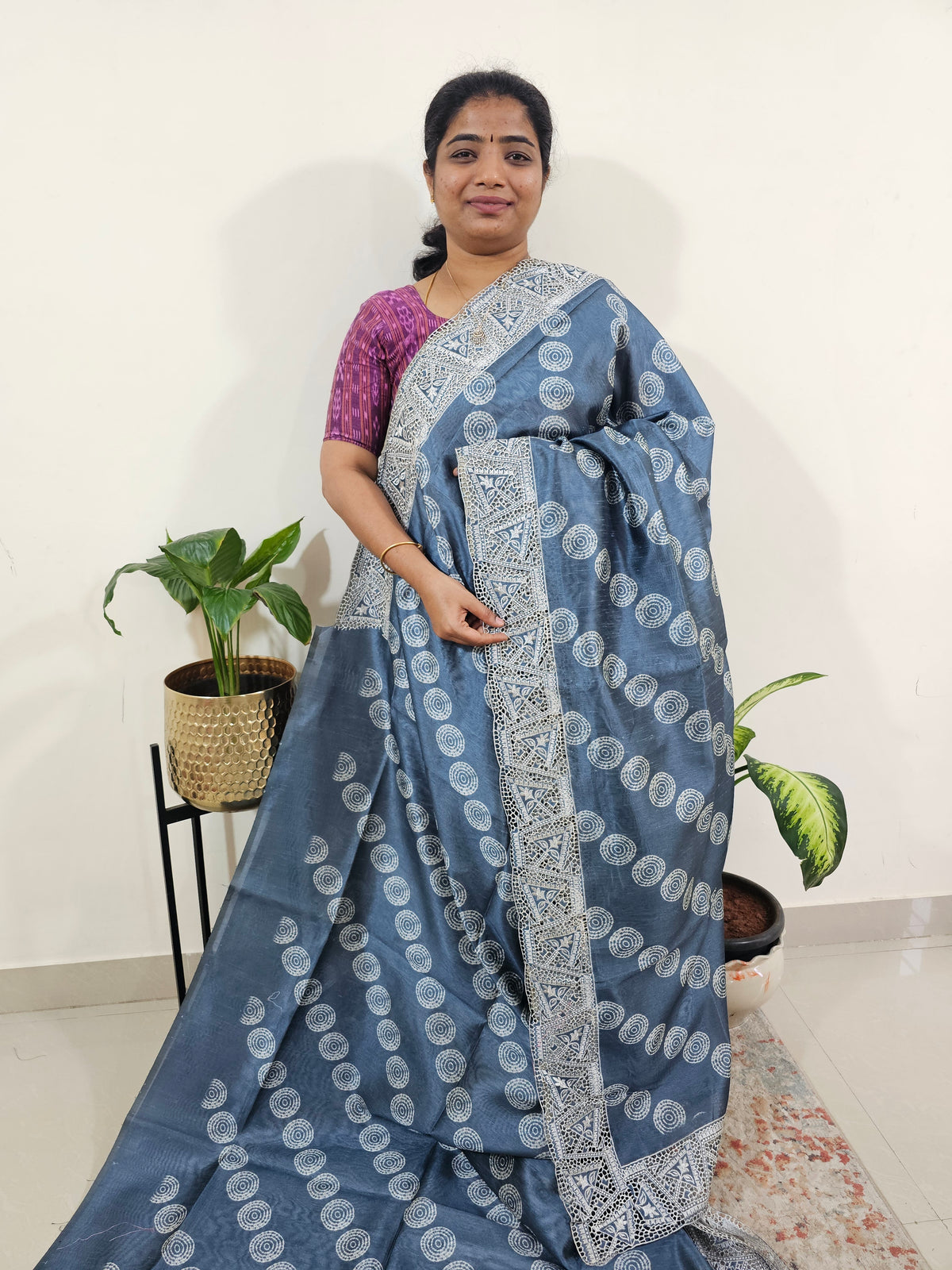 Semi Tussar with Cut Work Saree - Grey