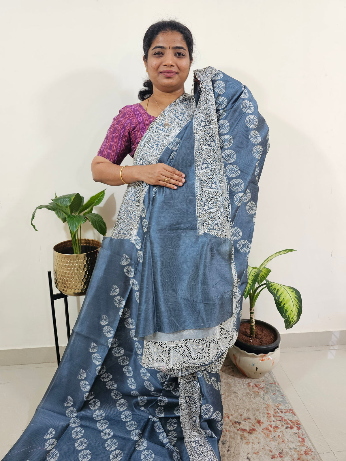 Semi Tussar with Cut Work Saree - Grey