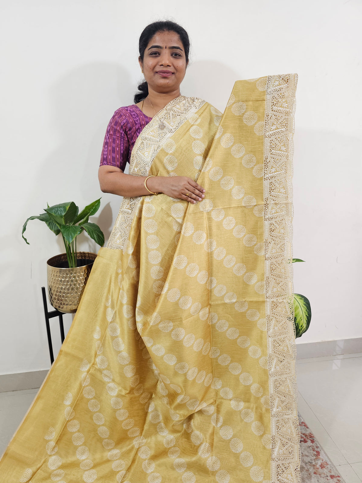 Semi Tussar with Cut Work Saree - Yellow