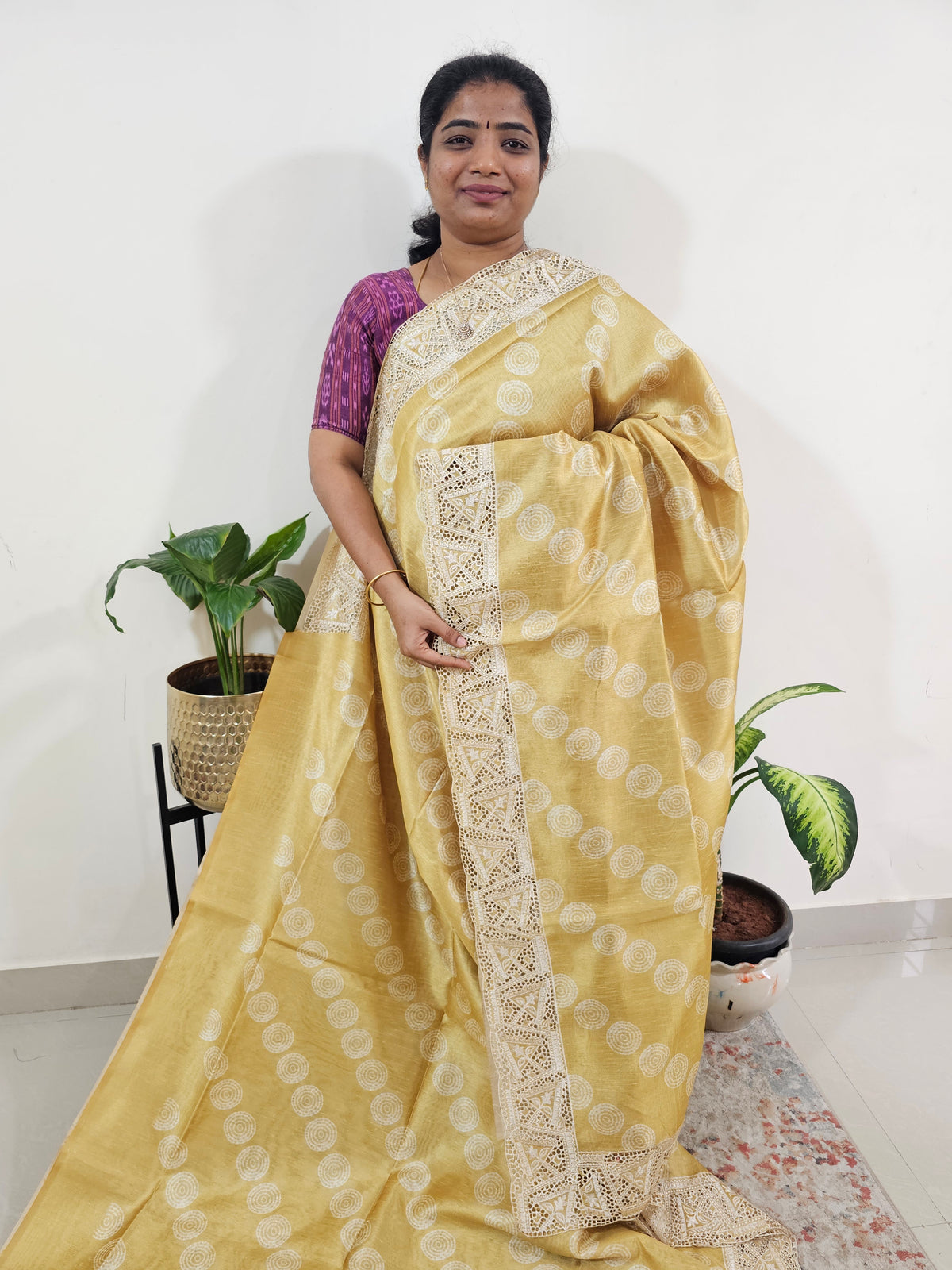 Semi Tussar with Cut Work Saree - Yellow