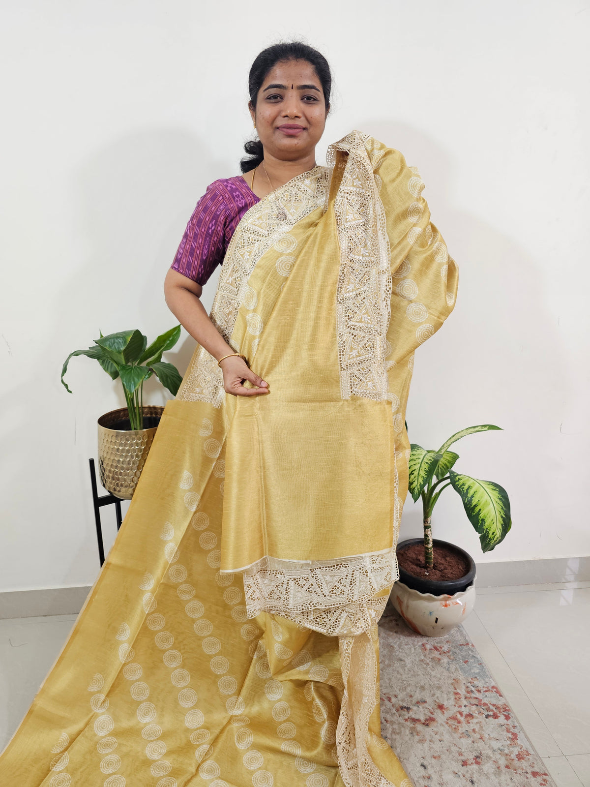 Semi Tussar with Cut Work Saree - Yellow