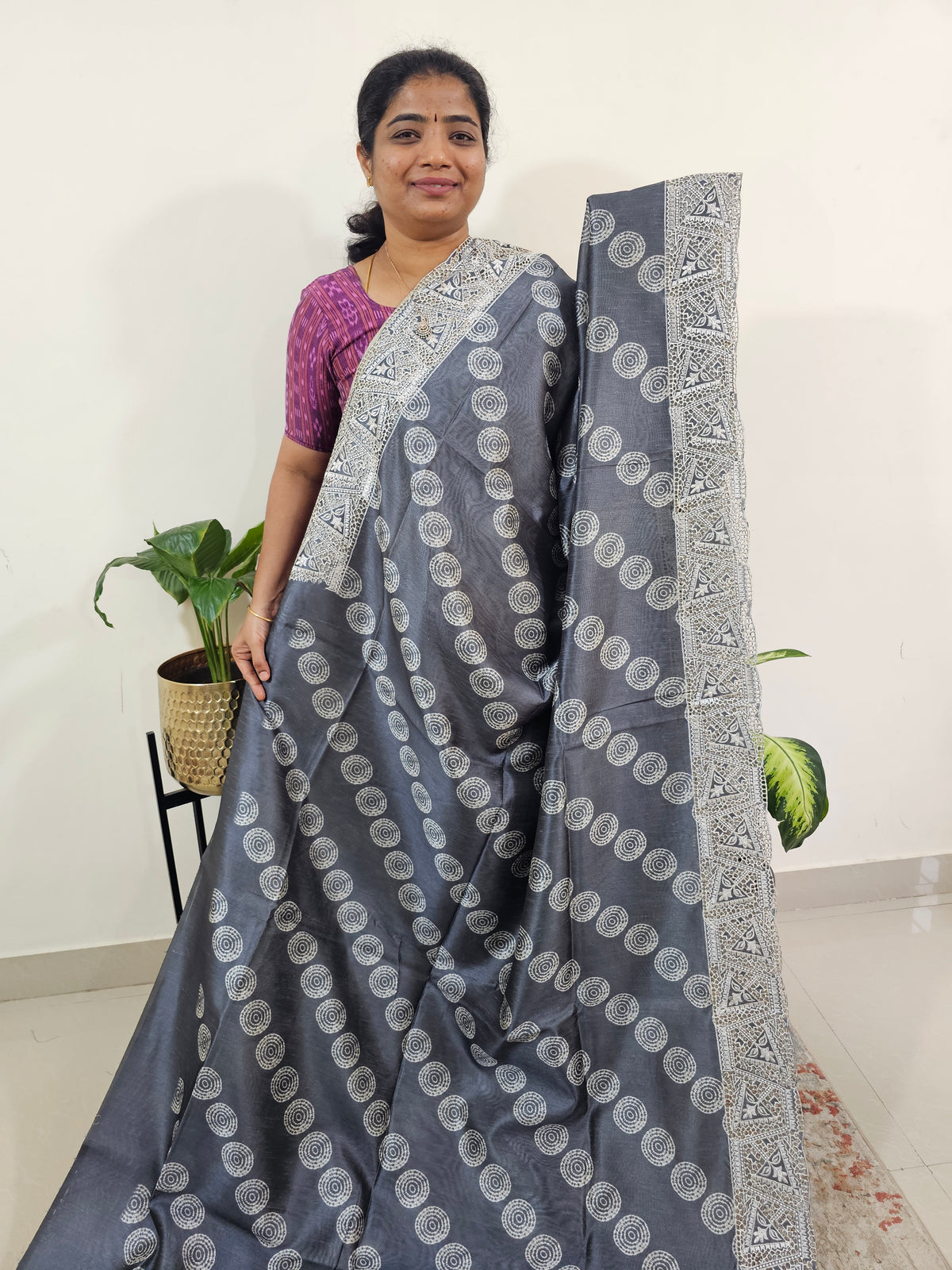 Semi Tussar with Cut Work Saree - Grey