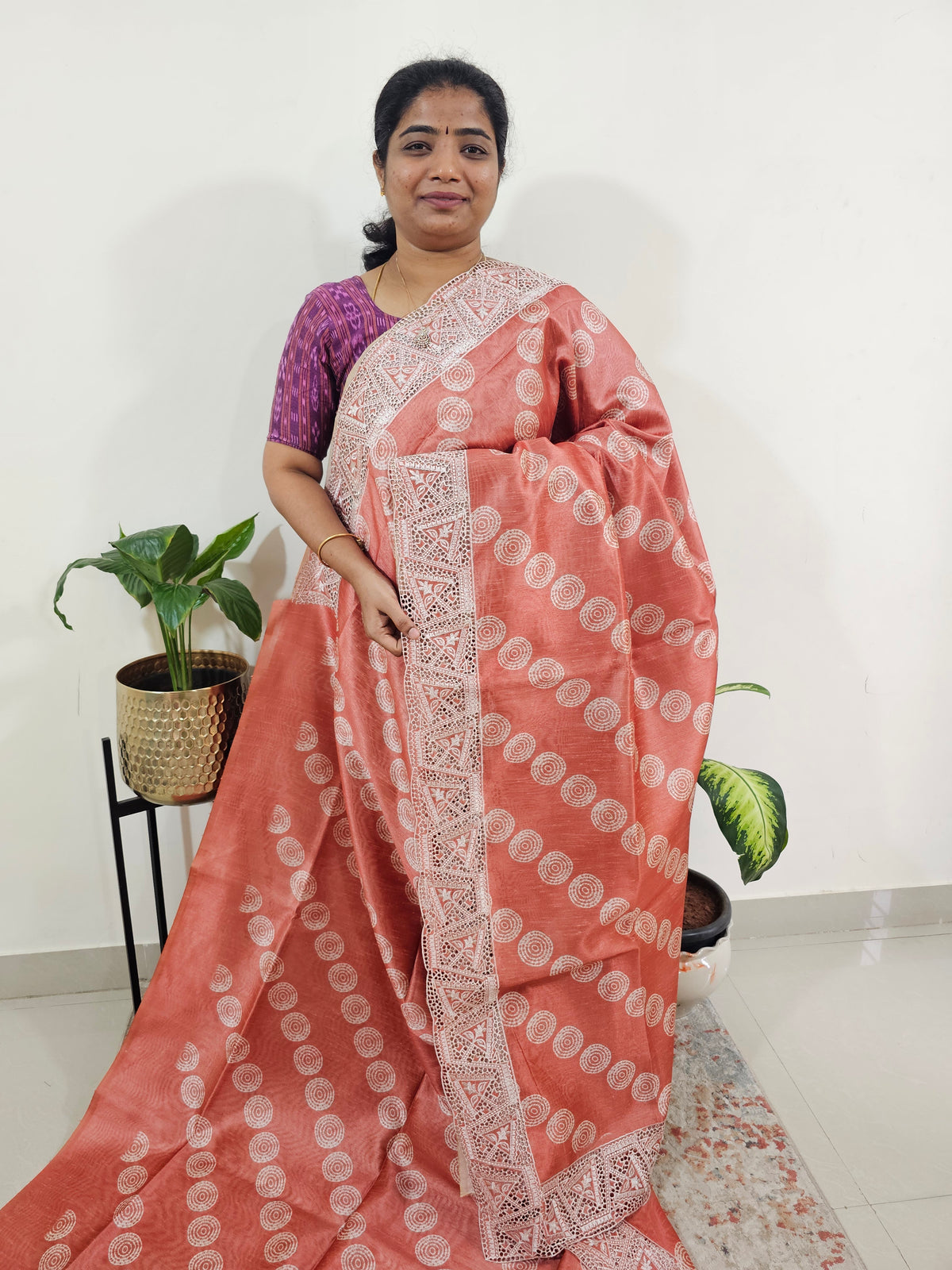 Semi Tussar with Cut Work Saree - Rust Orange