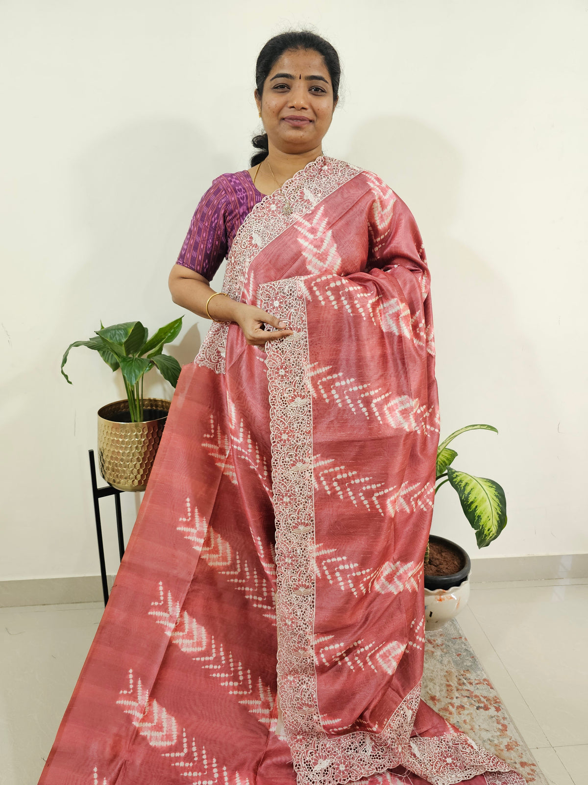 Semi Tussar with Cut Work Saree - Dark Onion Pink