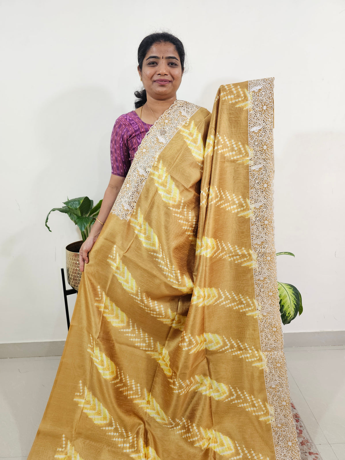 Semi Tussar with Cut Work Saree - Mustard Yellow
