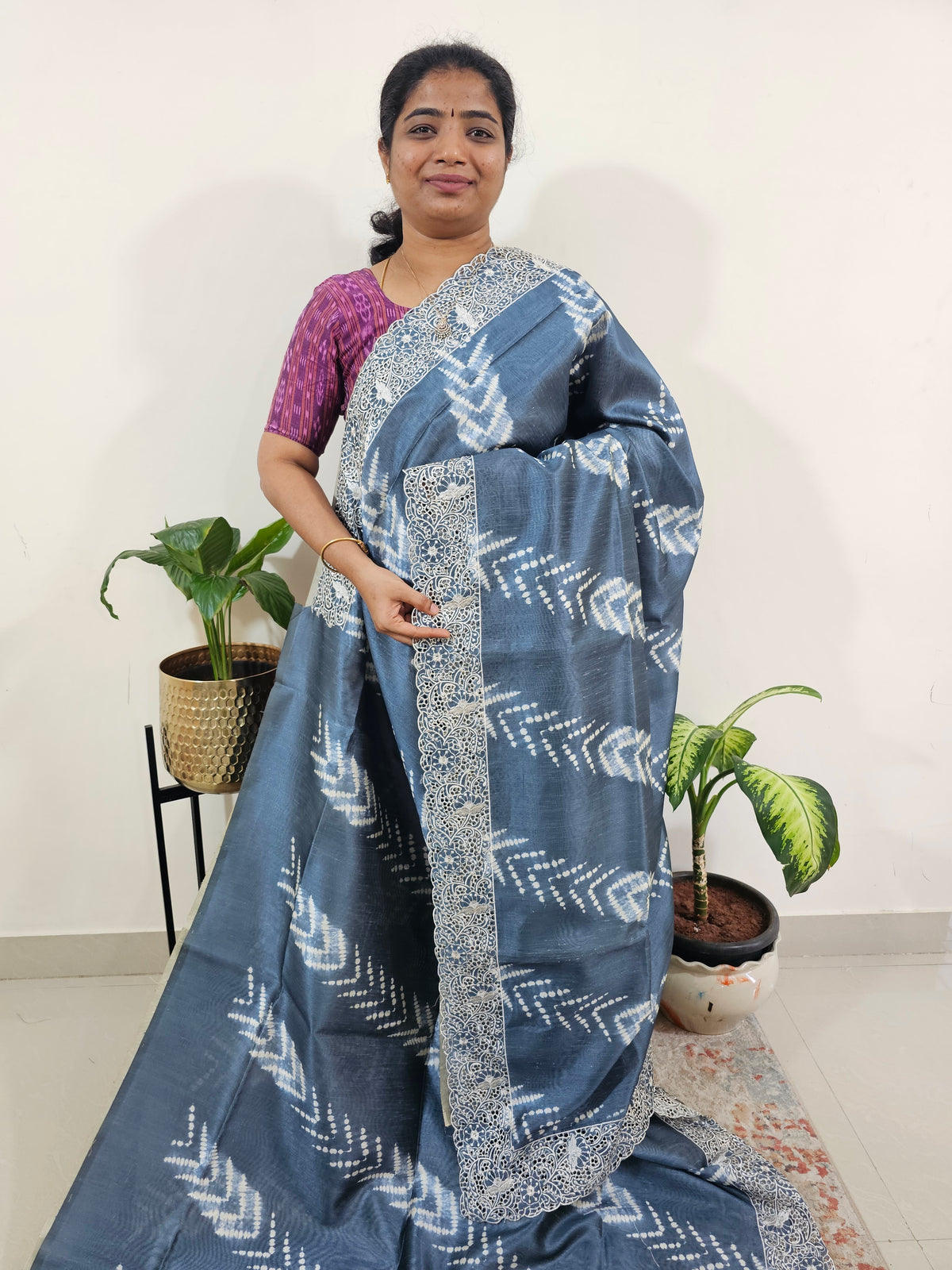 Semi Tussar with Cut Work Saree - Grey