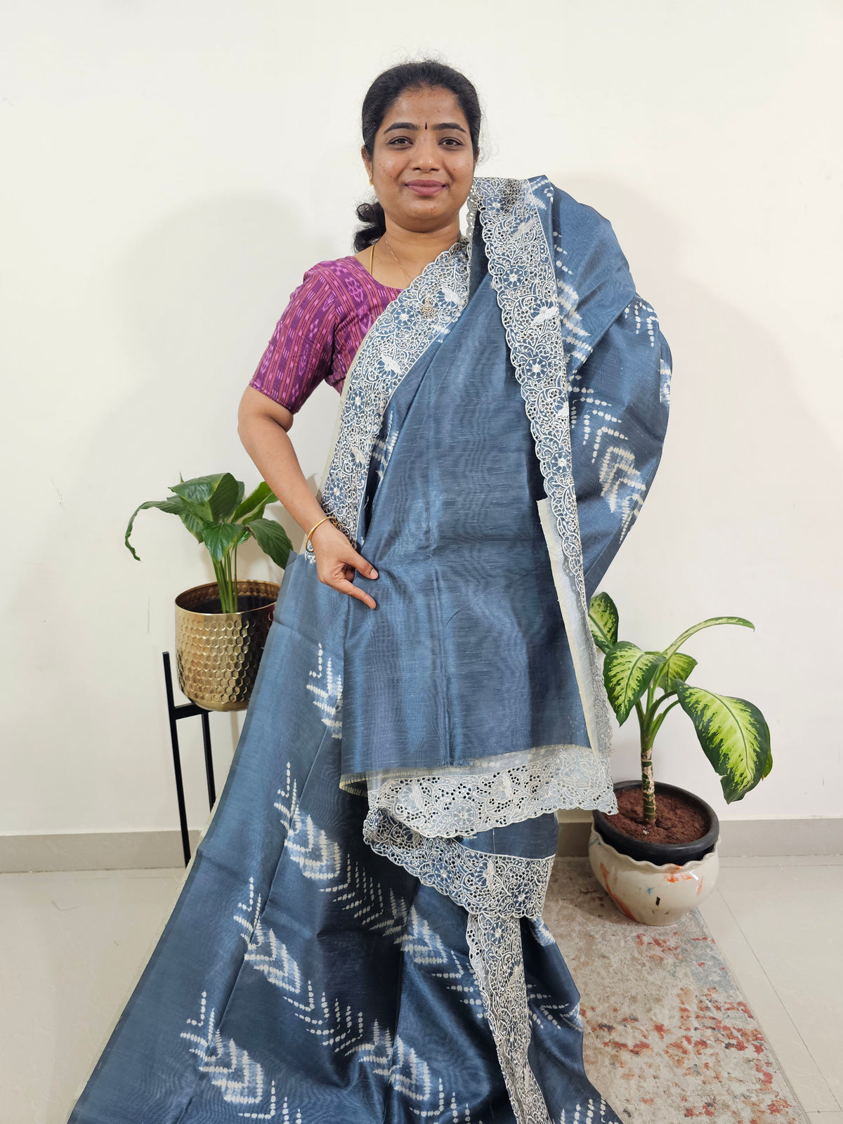 Semi Tussar with Cut Work Saree - Grey