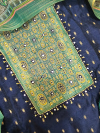 Semi Tussar Silk Unstitched Salwar - Dark Blue with Sea Green