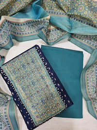 Semi Tussar Silk Unstitched Salwar - Dark Blue with Sea Green