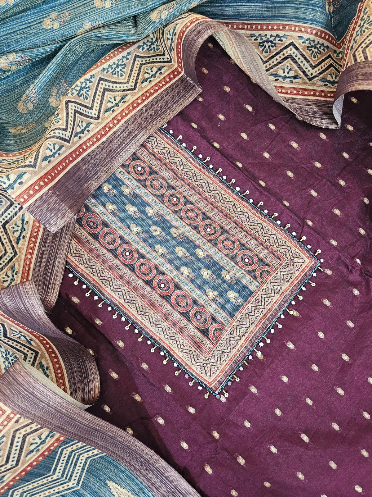 Semi Tussar Silk Unstitched Salwar - Dark Maroon with Peacock Green