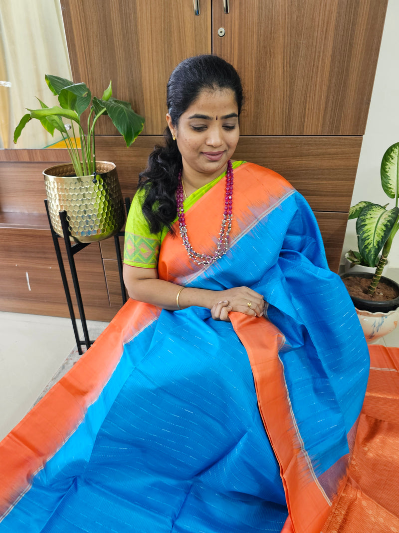 Pure Handloom Soft Silk Saree - Blue with Orange