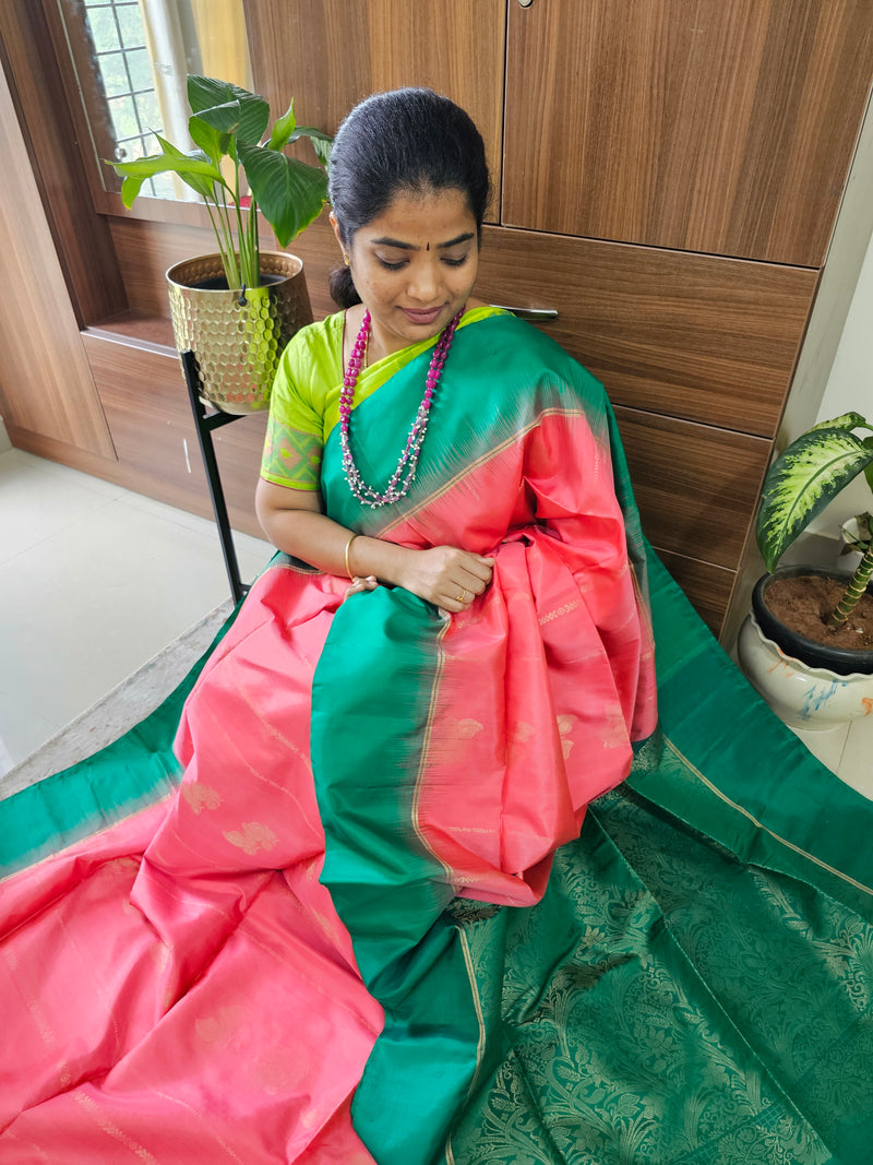 Pure Handloom Soft Silk Saree - Dark Peach with Green