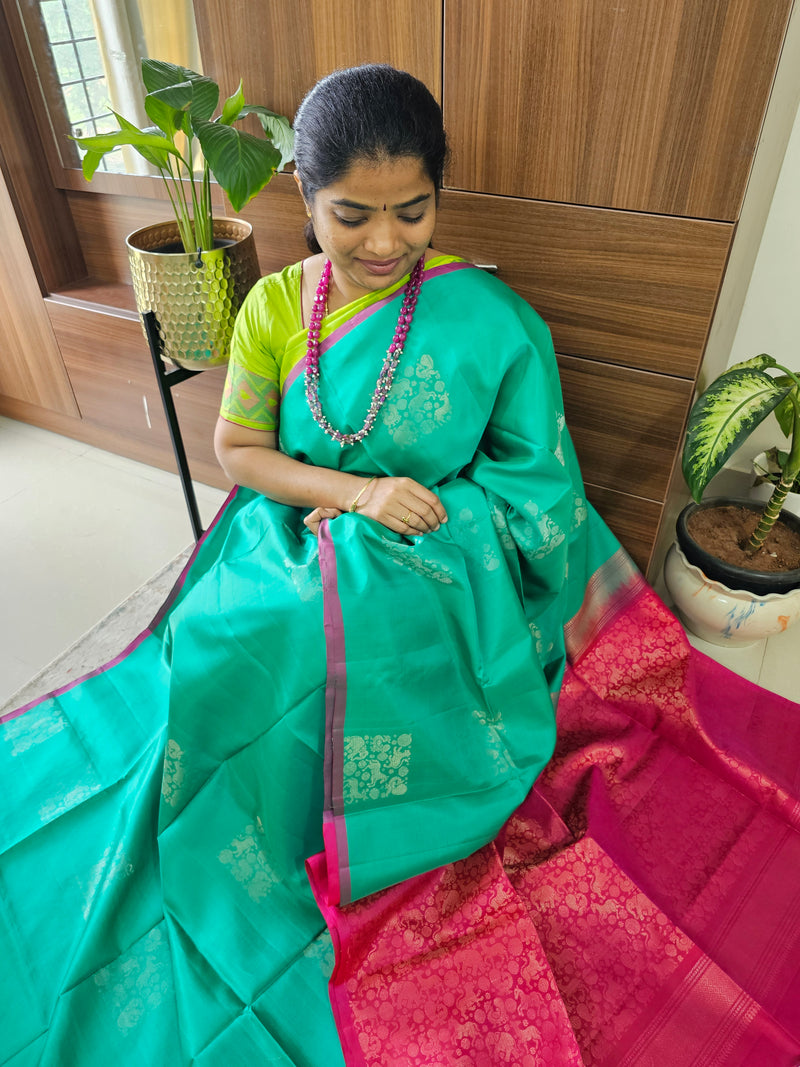 Pure Handloom Soft Silk Saree - Green with Pink