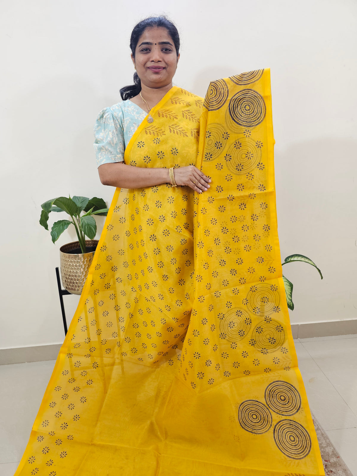 Semi Super Net Kota Saree - Yellow with Blue