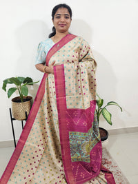 Soft Semi Tussar Weaving with Soft Zari Border - Cream with Pink