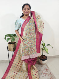 Soft Semi Tussar Weaving with Soft Zari Border - Cream with Pink