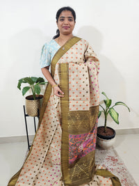 Soft Semi Tussar Weaving with Soft Zari Border - Cream with Mehndi Green