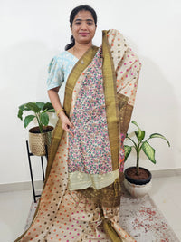 Soft Semi Tussar Weaving with Soft Zari Border - Cream with Mehndi Green