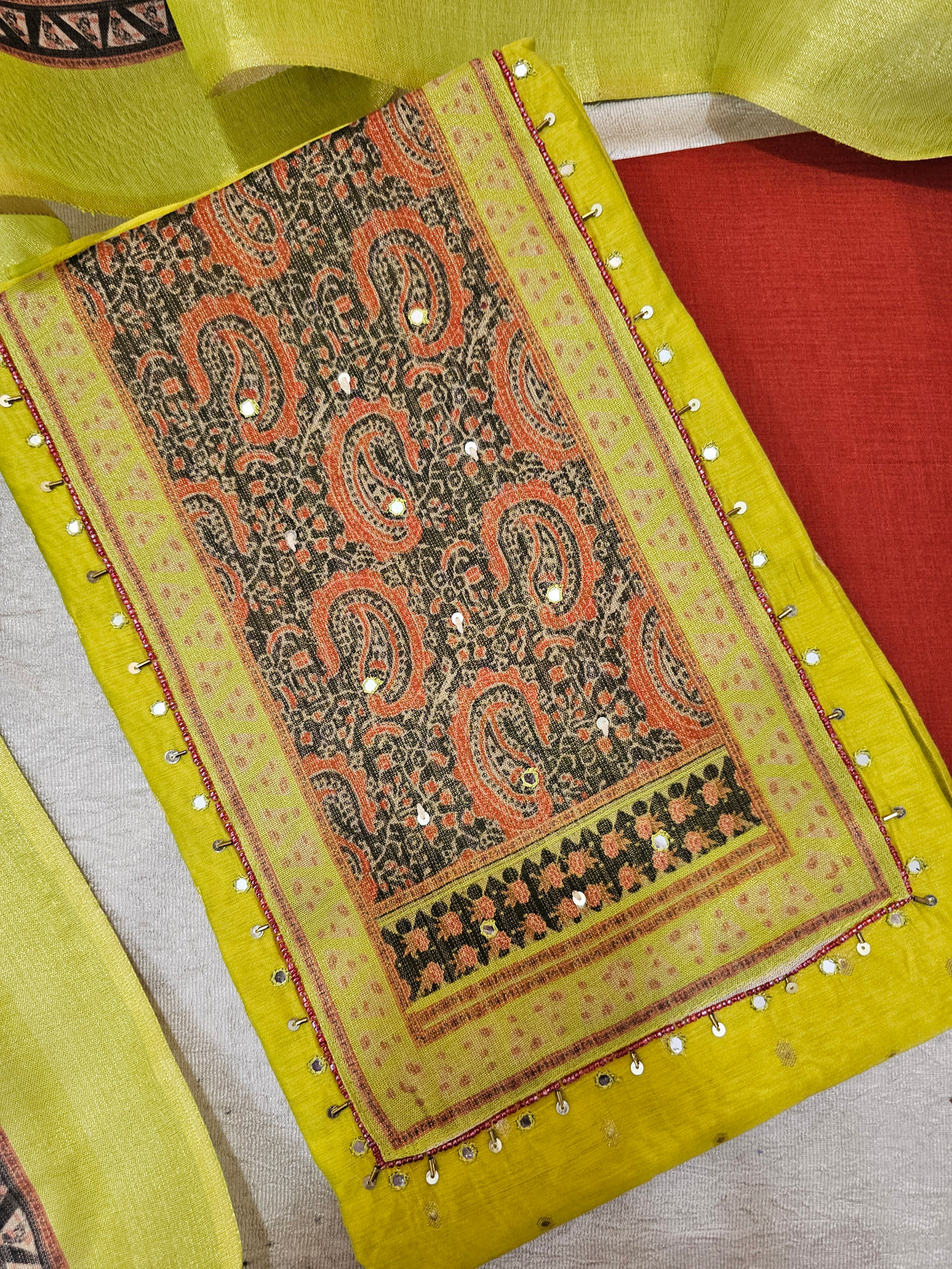 Semi Tussar Silk Unstitched Salwar - Lime Green with Bricky Red