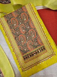 Semi Tussar Silk Unstitched Salwar - Lime Green with Bricky Red