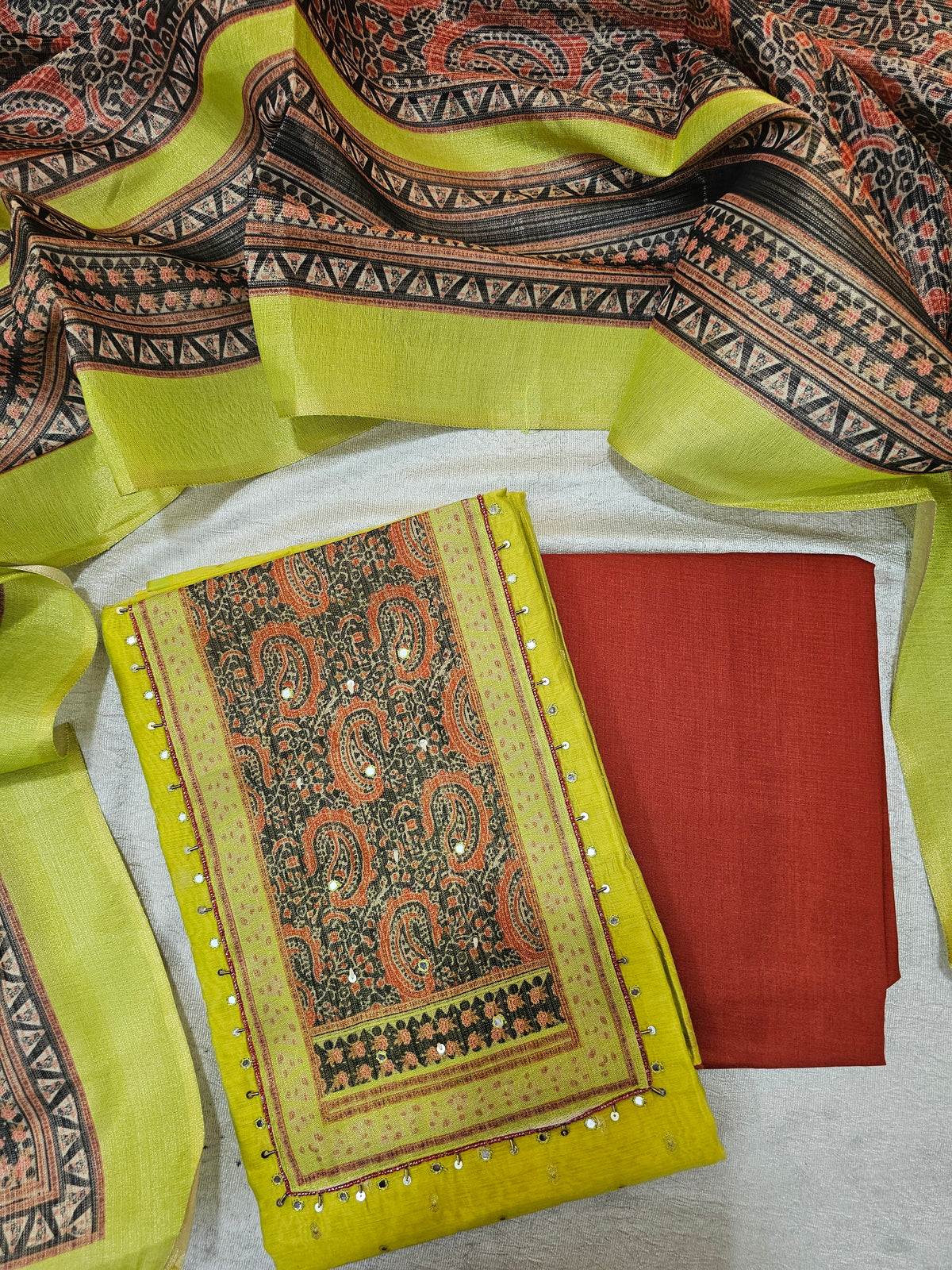 Semi Tussar Silk Unstitched Salwar - Lime Green with Bricky Red