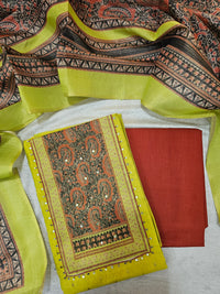 Semi Tussar Silk Unstitched Salwar - Lime Green with Bricky Red