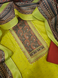 Semi Tussar Silk Unstitched Salwar - Lime Green with Bricky Red