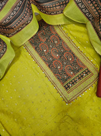 Semi Tussar Silk Unstitched Salwar - Lime Green with Bricky Red